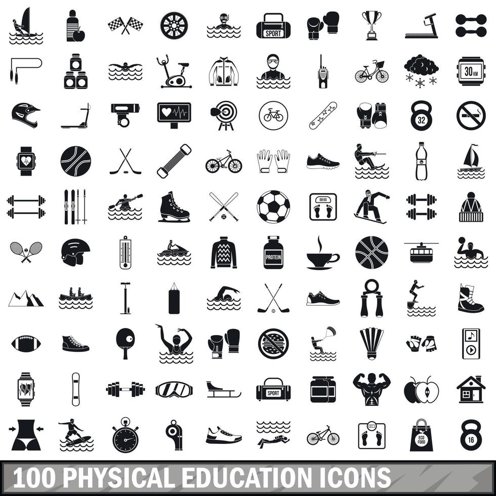 100 physical education icons set, simple style vector