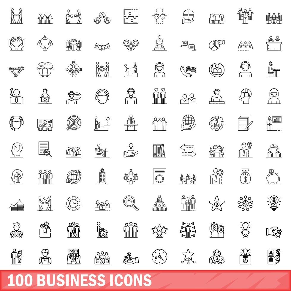 100 business icons set, outline style vector