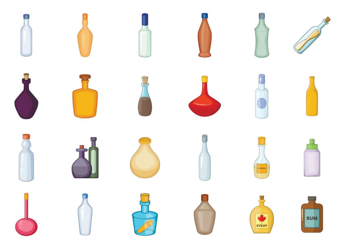 Bottle icon set, cartoon style vector