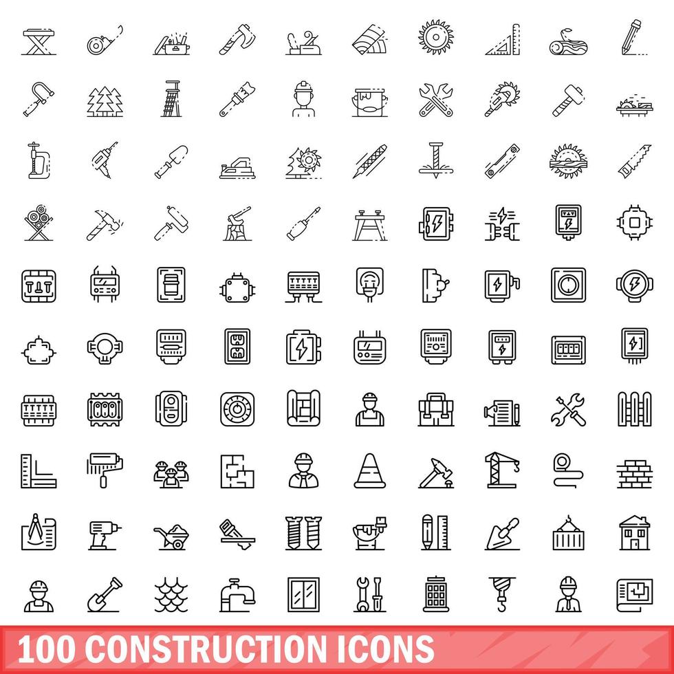 100 construction icons set, outline style vector