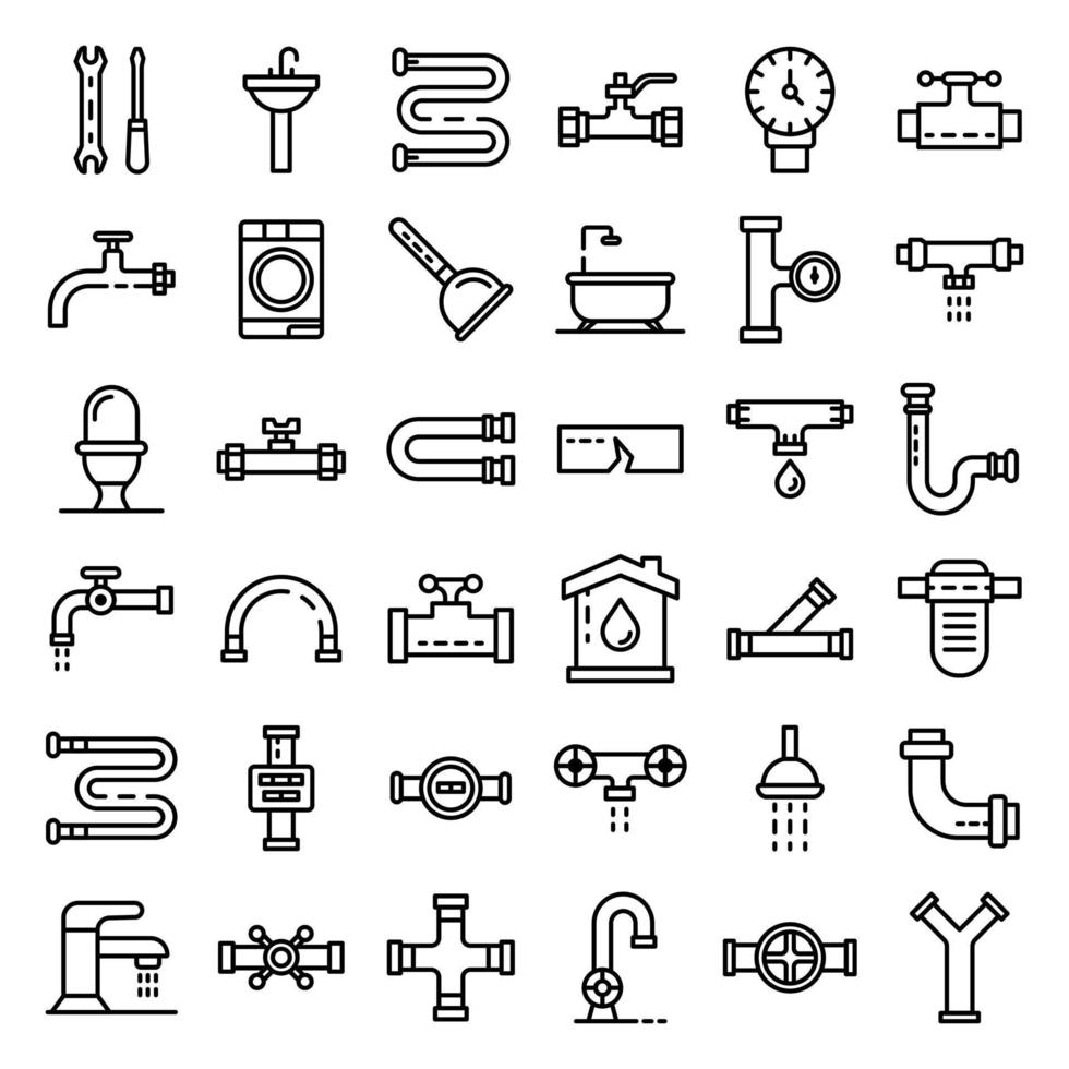 Plumbing icons set, outline style vector