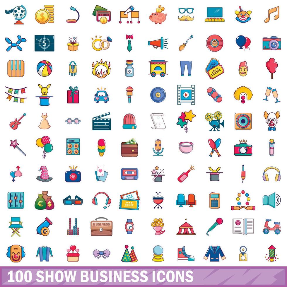 100 show business icons set, cartoon style vector