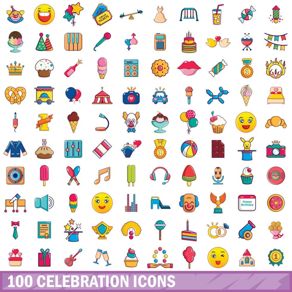 100 celebration icons set, cartoon style vector