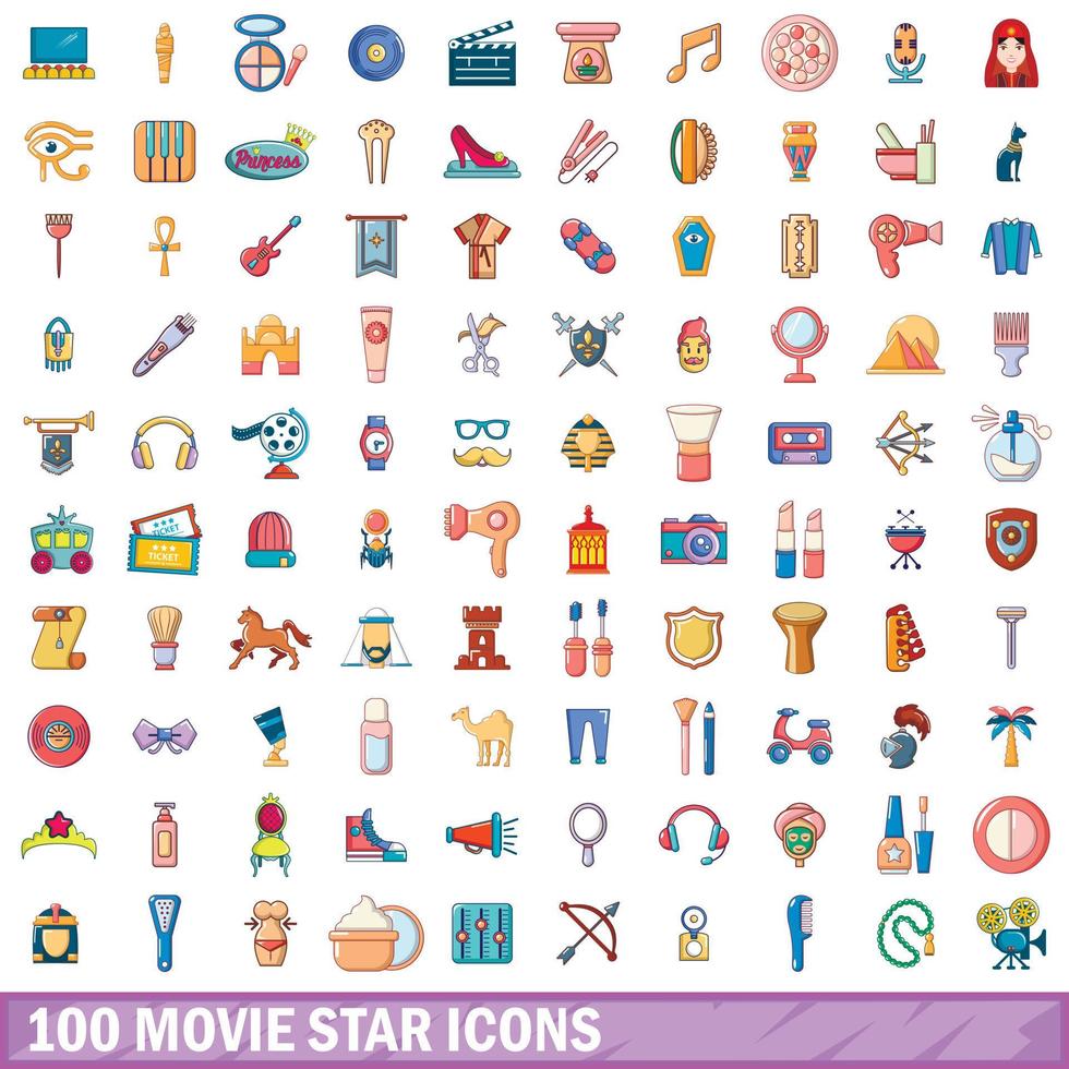 100 movie star icons set, cartoon style vector