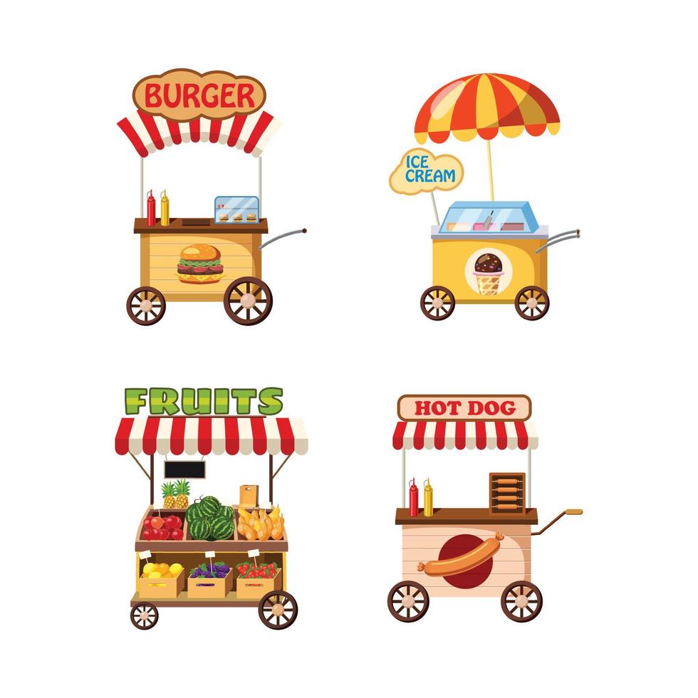 conjunto de iconos de tienda de carros callejeros, estilo de dibujos animados vector
