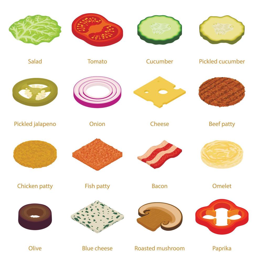 Slice food icons set, isometric style vector