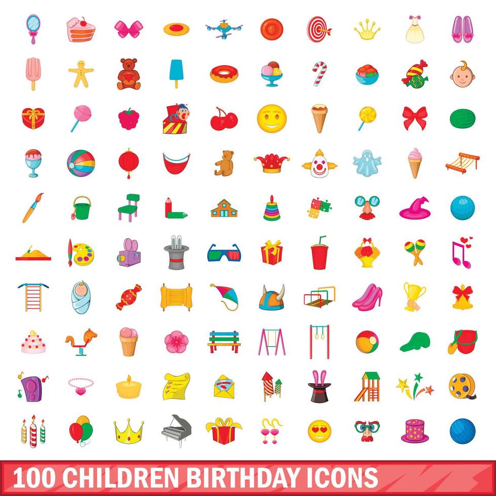 100 niños cumpleaños, conjunto de iconos de estilo de dibujos animados vector