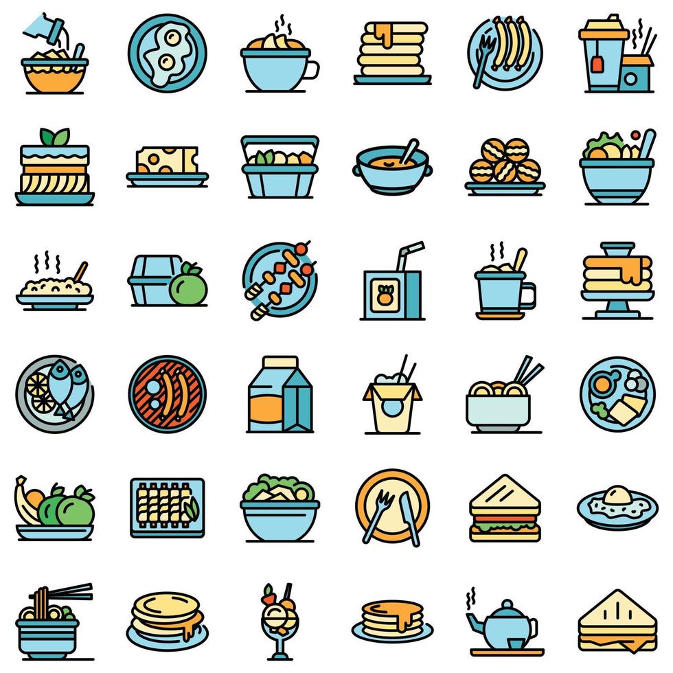 almuerzo, iconos, conjunto, vector, plano vector