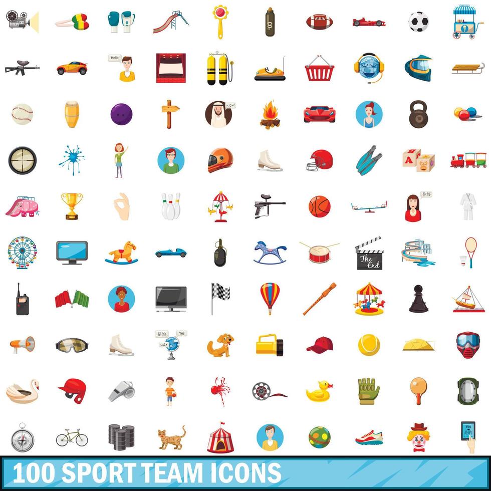 100 iconos de equipo deportivo, estilo de dibujos animados vector