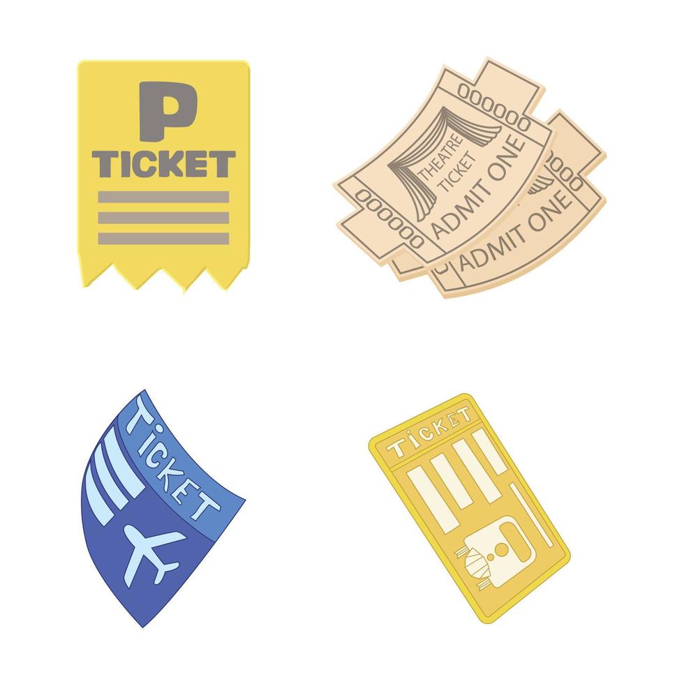 Ticket icon set, cartoon style vector