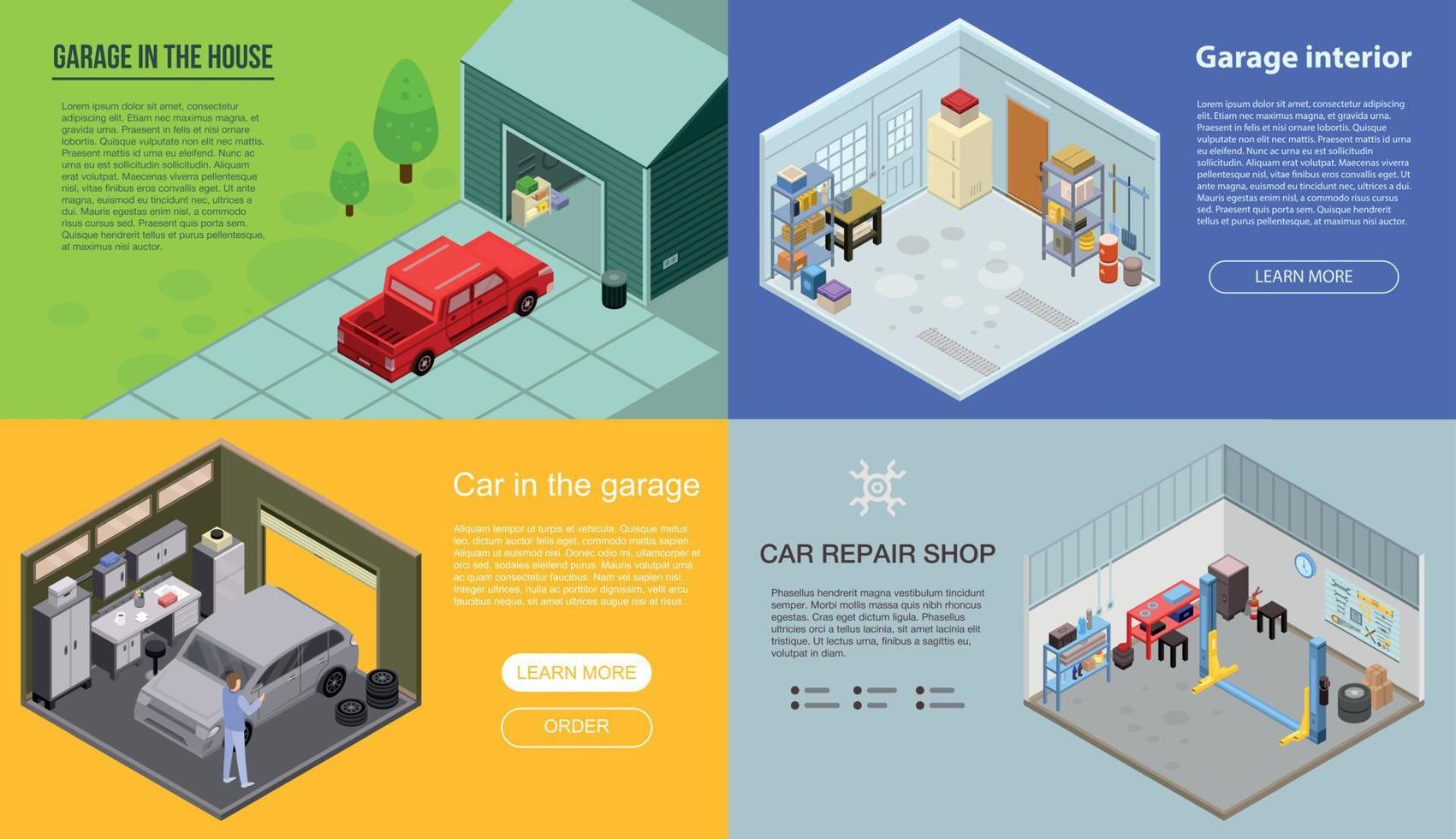 Garage interior banner set, isometric style vector