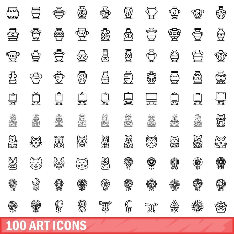 100 iconos de arte, estilo de esquema vector