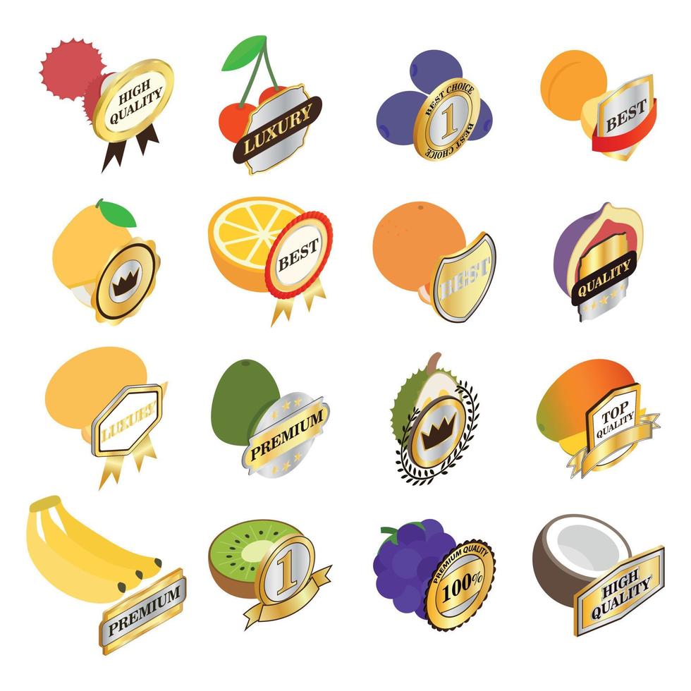 Quality fruit icons set, isometric style vector