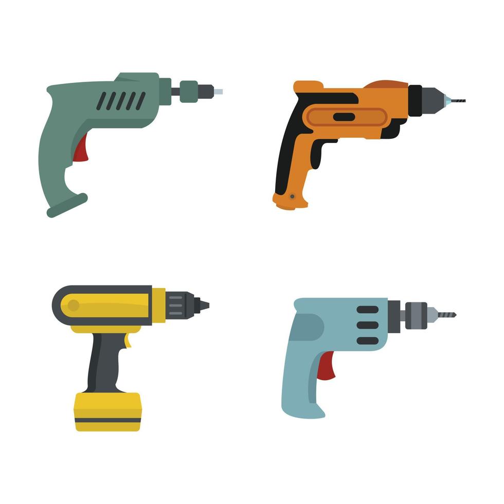 Hand drill icon set, flat style vector