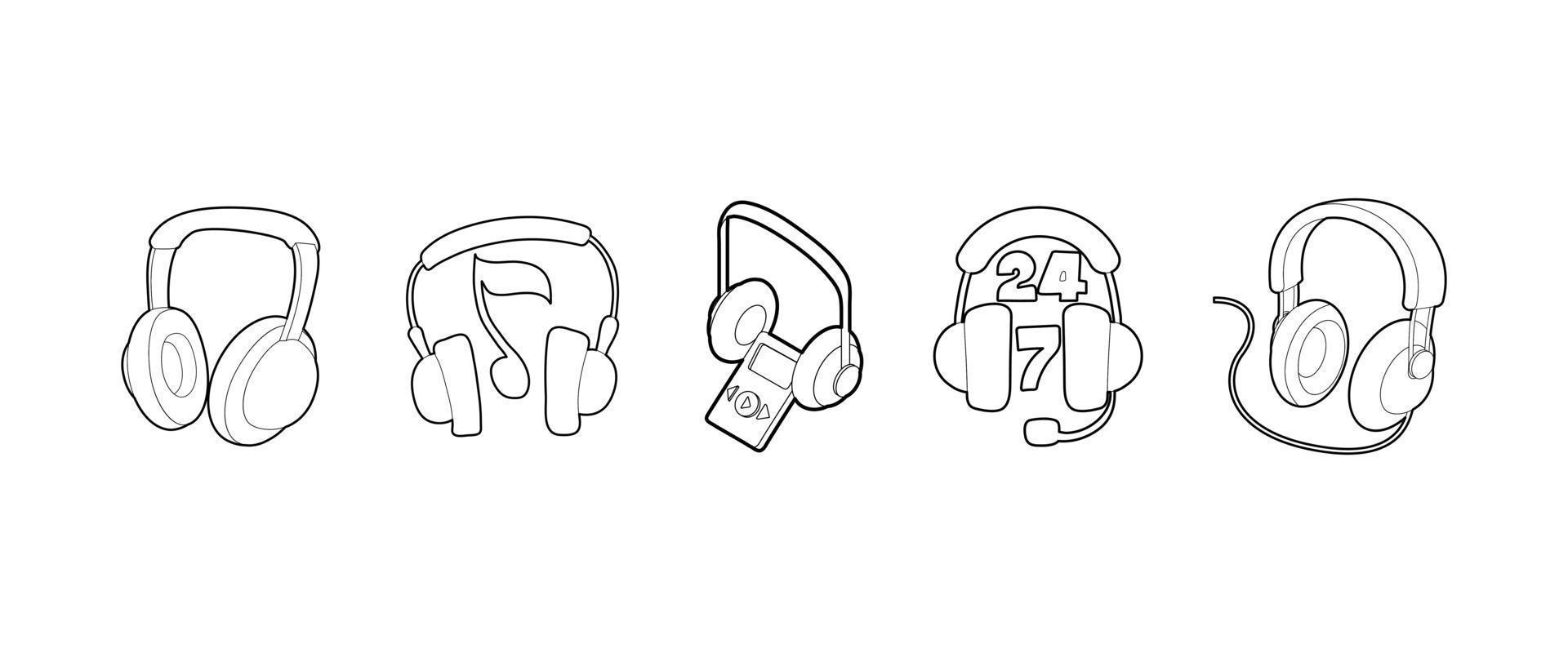 conjunto de iconos de auriculares, estilo de esquema vector