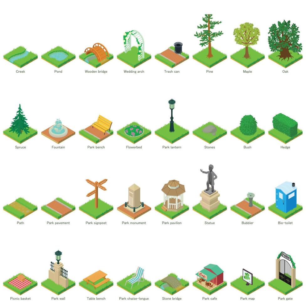 Park nature elements icons set, isometric style vector