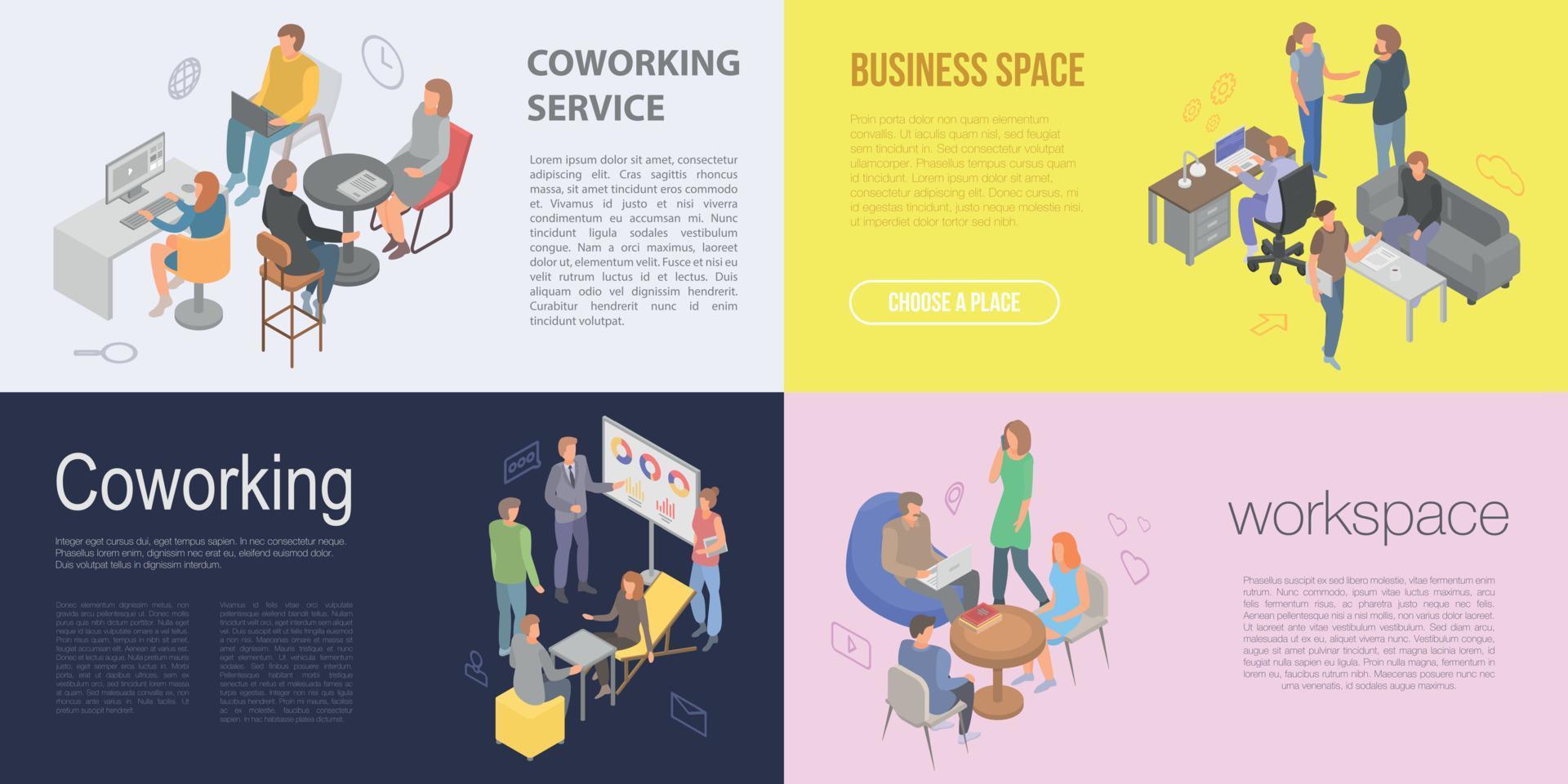 conjunto de banners de coworking, estilo isométrico vector