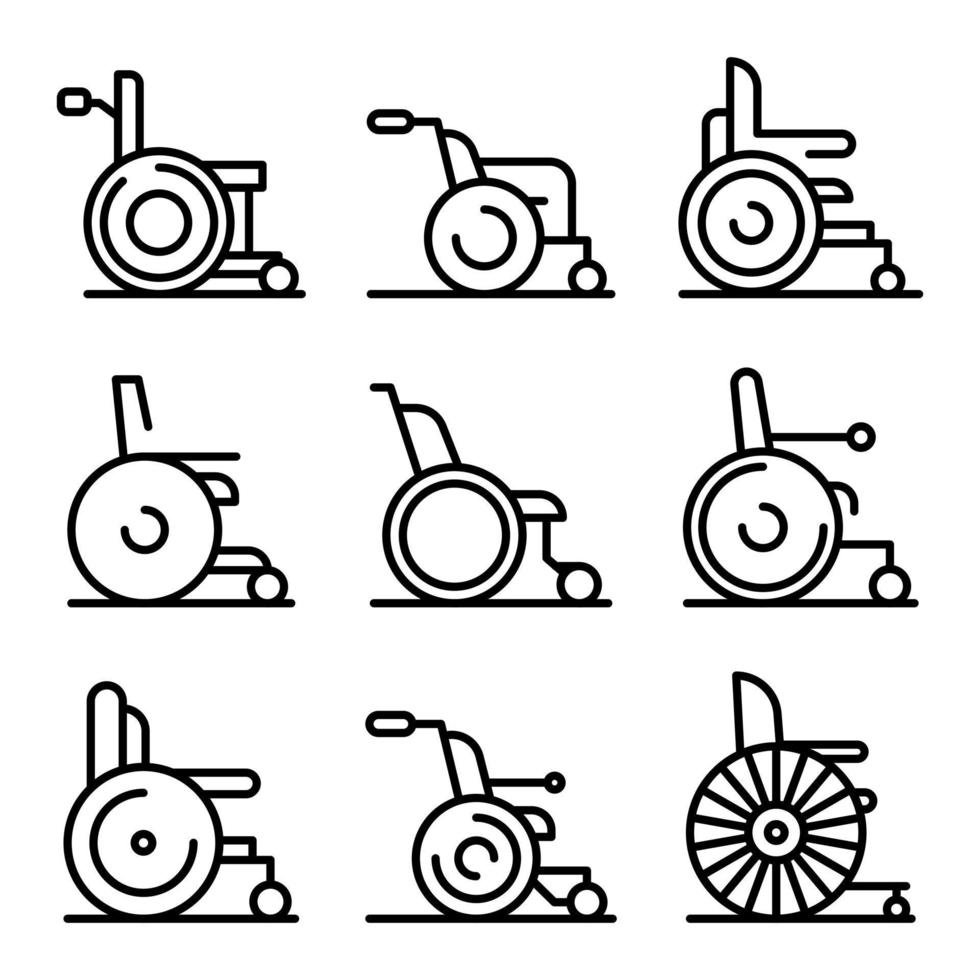 Wheelchair icons set, outline style vector