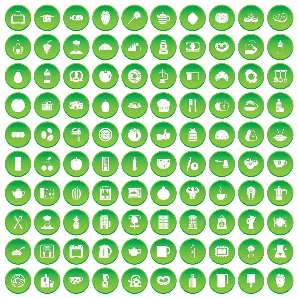 100 breakfast icons set green circle vector