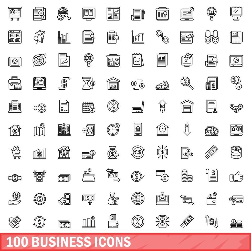 100 business icons set, outline style vector