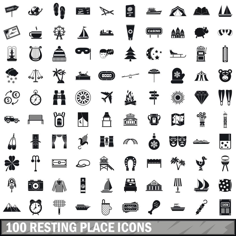 100 iconos de lugar de descanso, estilo simple vector