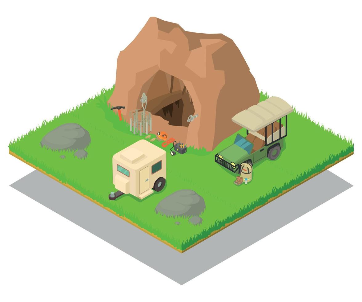 Research of cave concept banner, isometric style vector