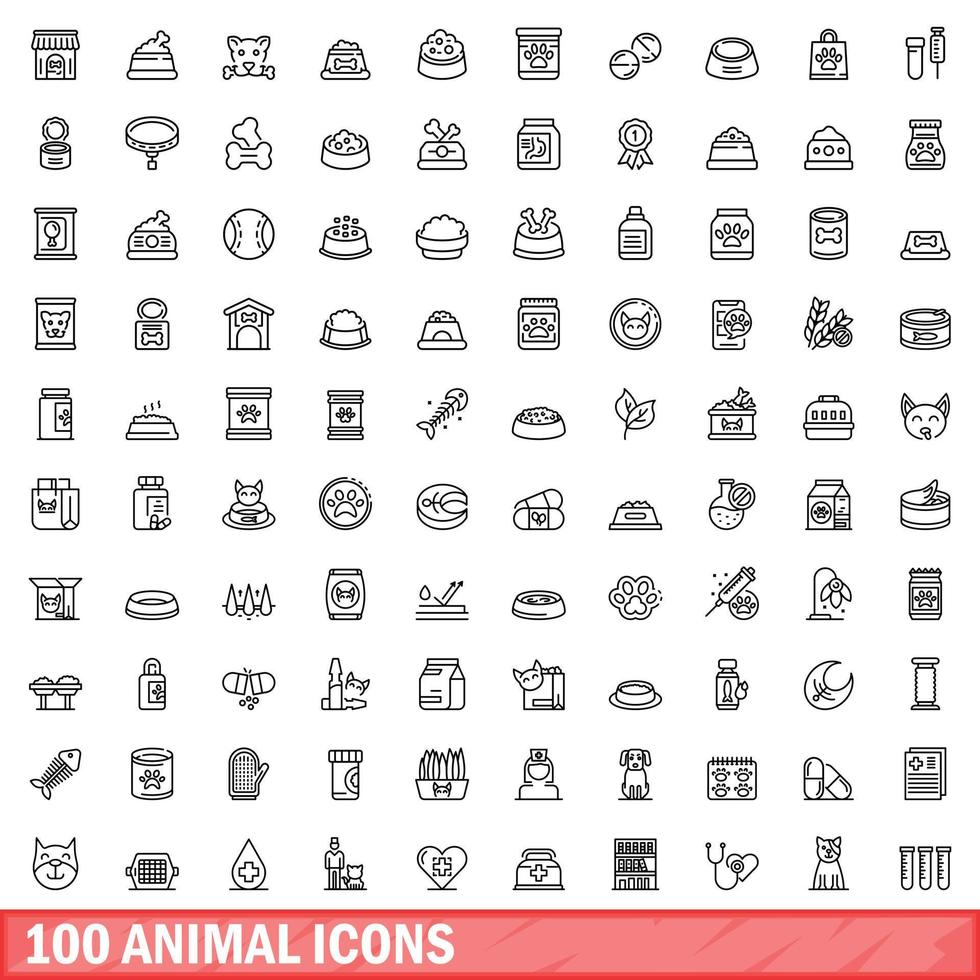 100 iconos de animales, estilo de esquema vector