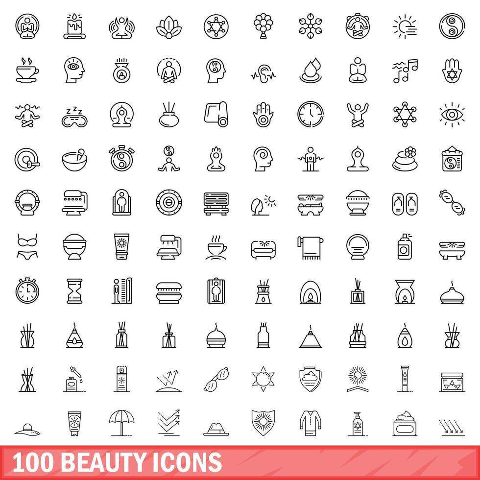 100 beauty icons set, outline style vector