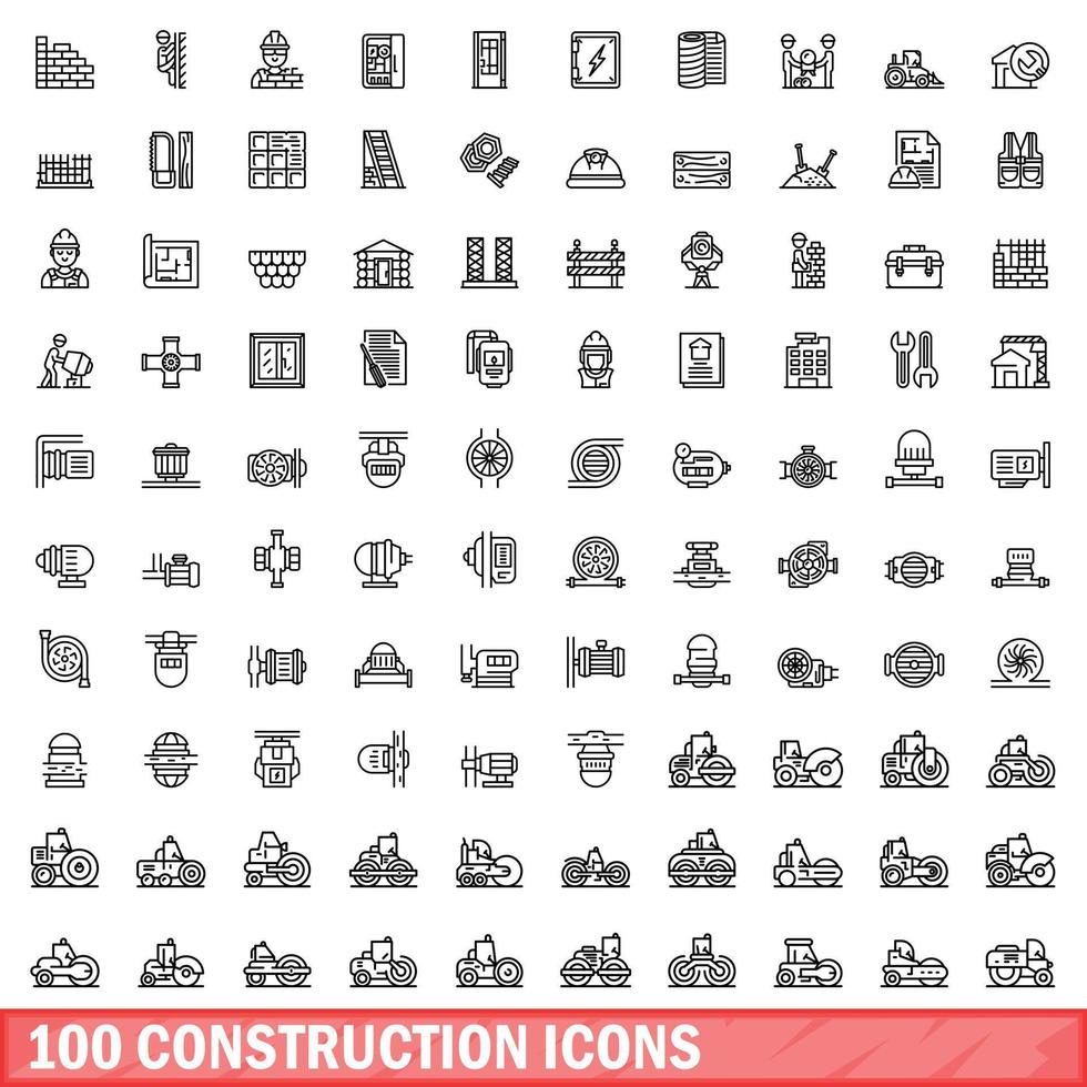 100 construction icons set, outline style vector