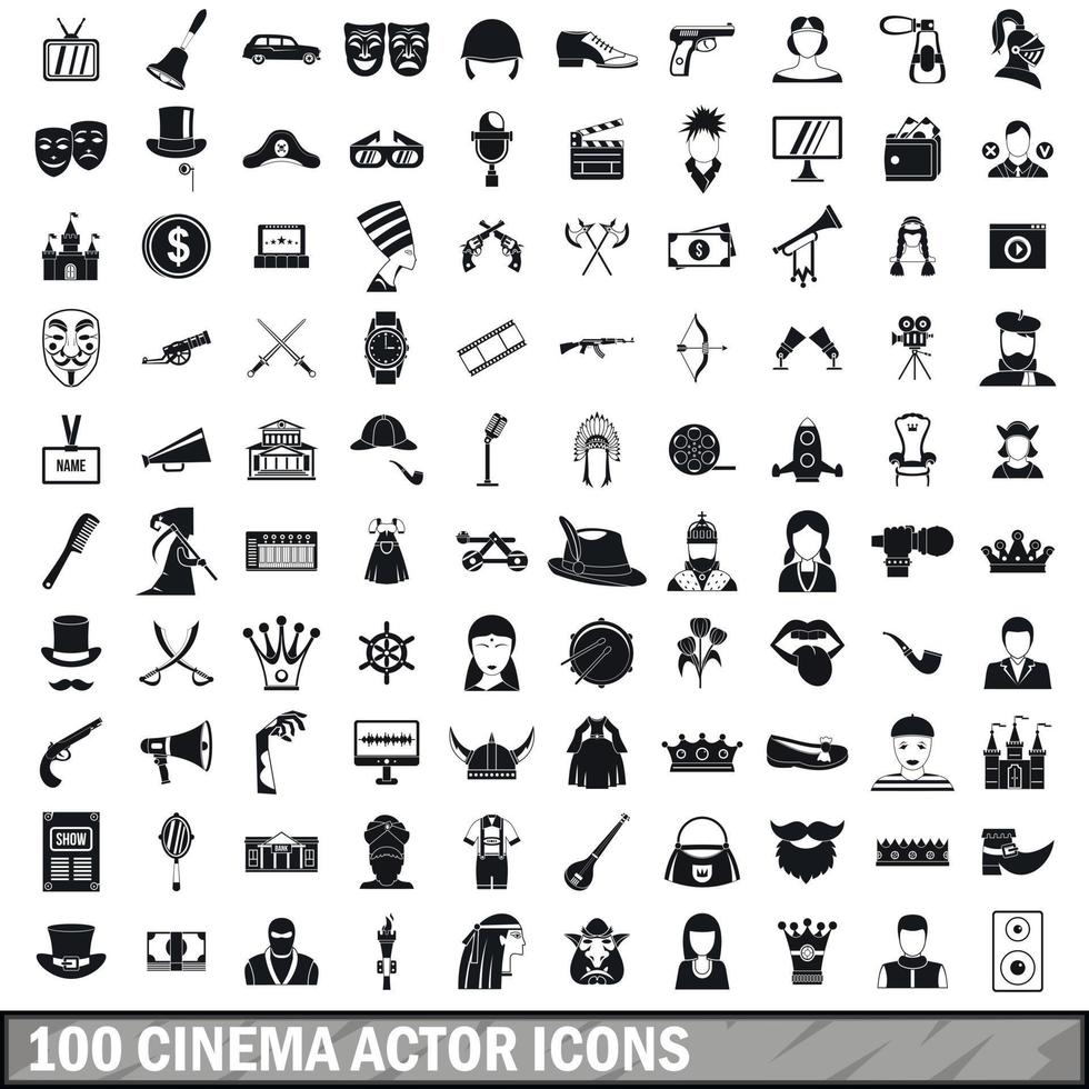 100 cinema actor icons set, simple style vector