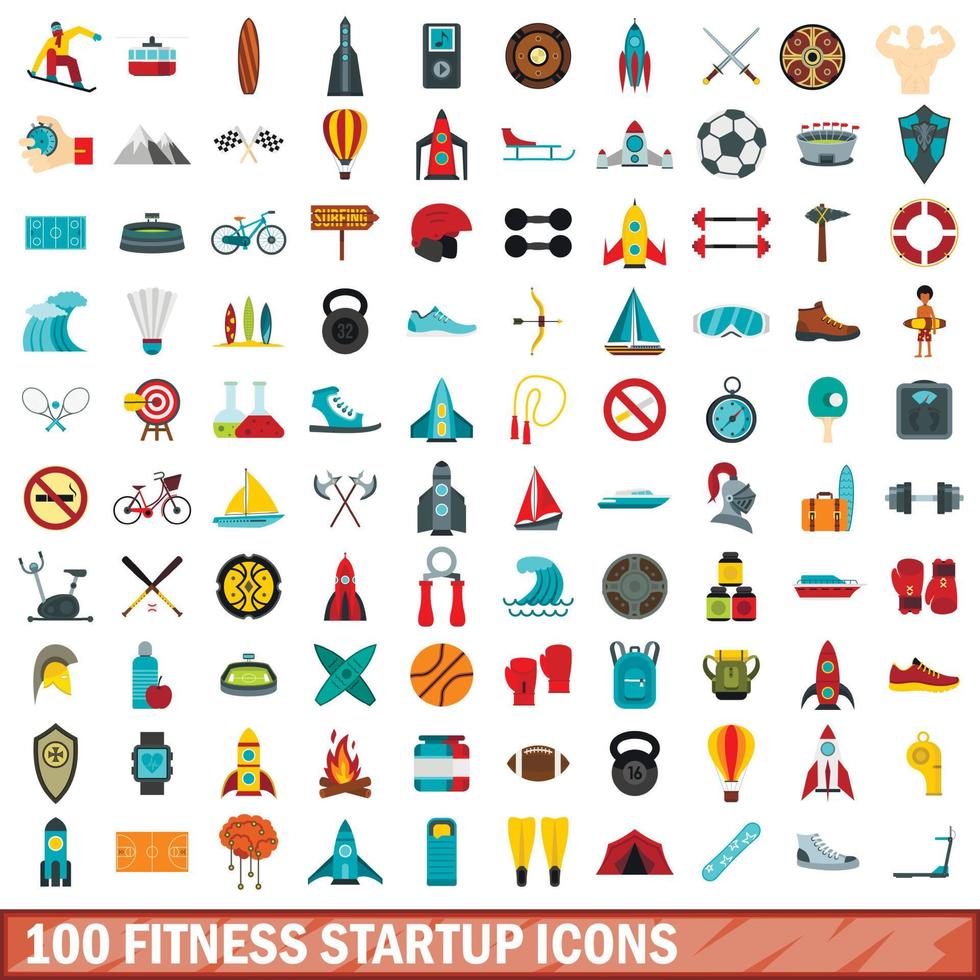 100 iconos de inicio de fitness, estilo plano vector