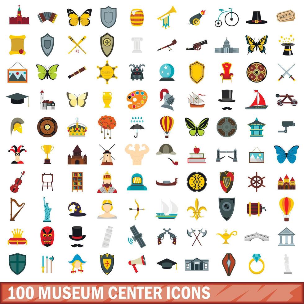 100 museum center icons set, flat style vector