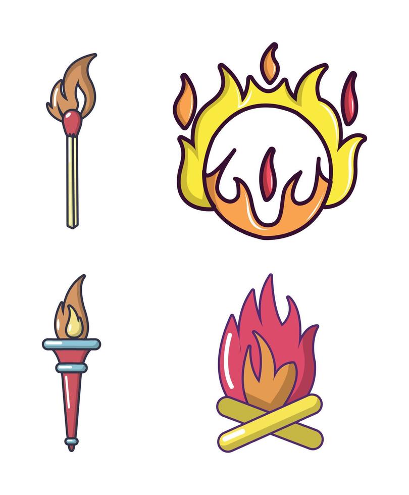 Fire icon set, cartoon style vector