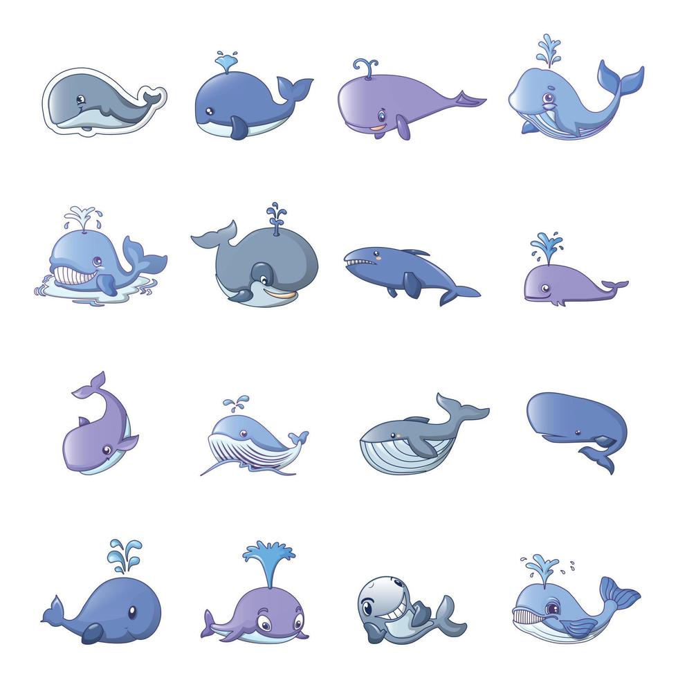 conjunto de iconos de peces de cuento azul ballena, estilo de dibujos animados vector