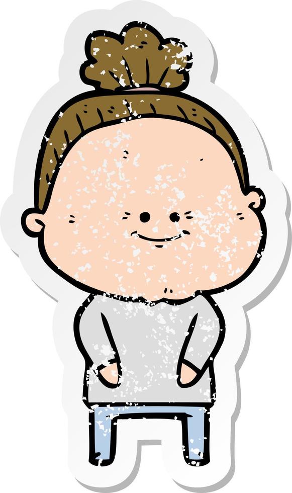 distressed sticker of a cartoon happy old woman vector