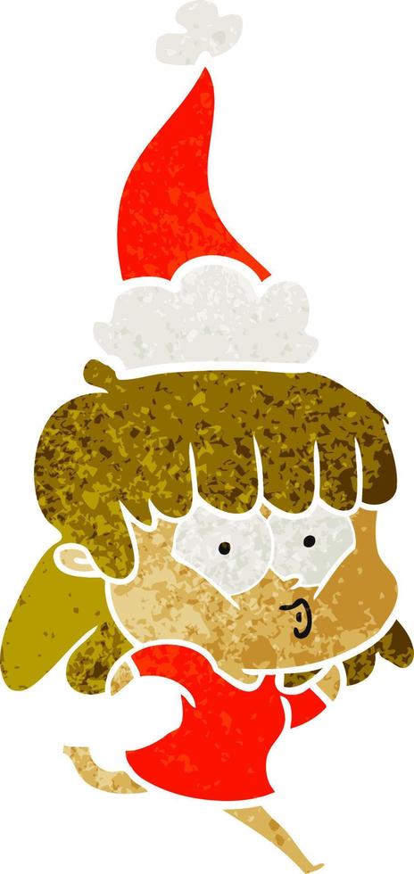 retro cartoon of a whistling girl wearing santa hat vector