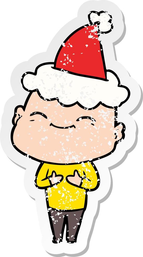 happy distressed sticker cartoon of a bald man wearing santa hat vector