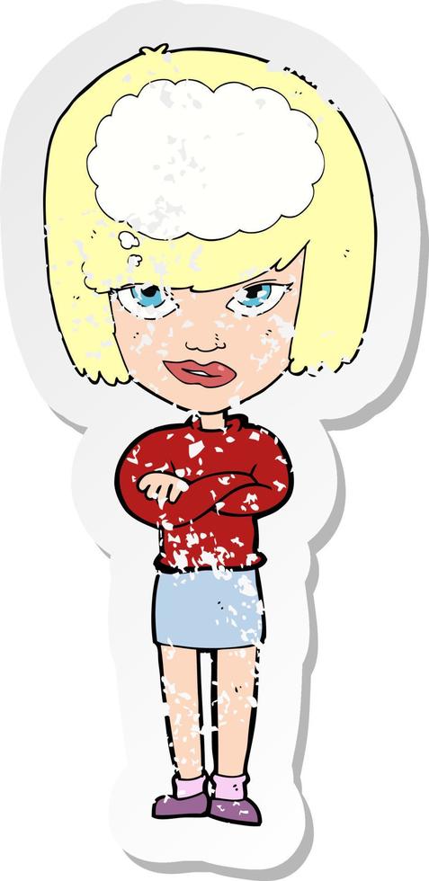 retro distressed sticker of a cartoon woman with folded arms imagining vector