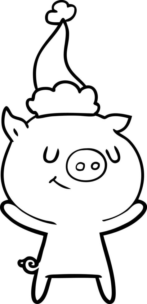 happy line drawing of a pig wearing santa hat vector