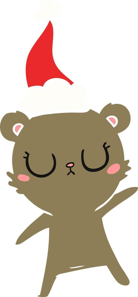 peaceful flat color illustration of a bear wearing santa hat vector