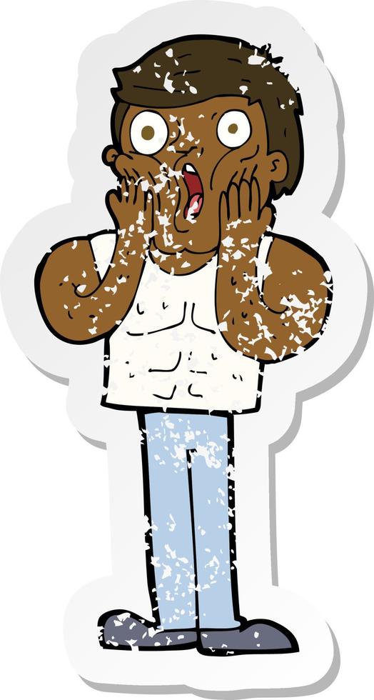 retro distressed sticker of a cartoon shocked gym man vector