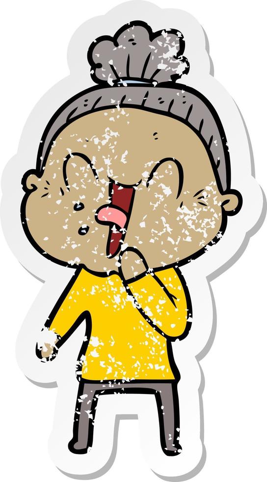 distressed sticker of a cartoon happy old woman vector