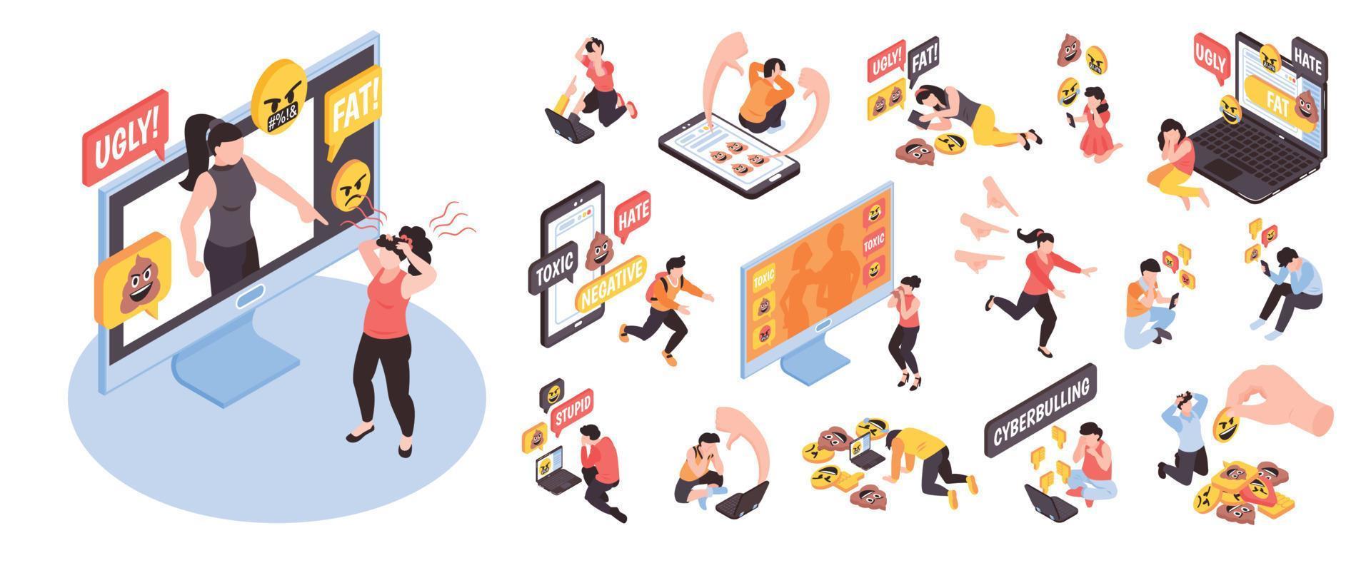 Isometric Cyberbullying Set vector