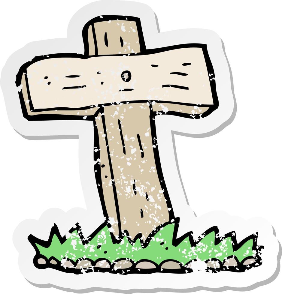 pegatina retro angustiada de una tumba cruzada de madera de dibujos animados vector