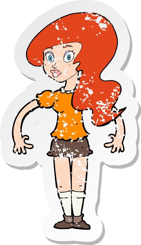 retro distressed sticker of a cartoon pretty woman vector