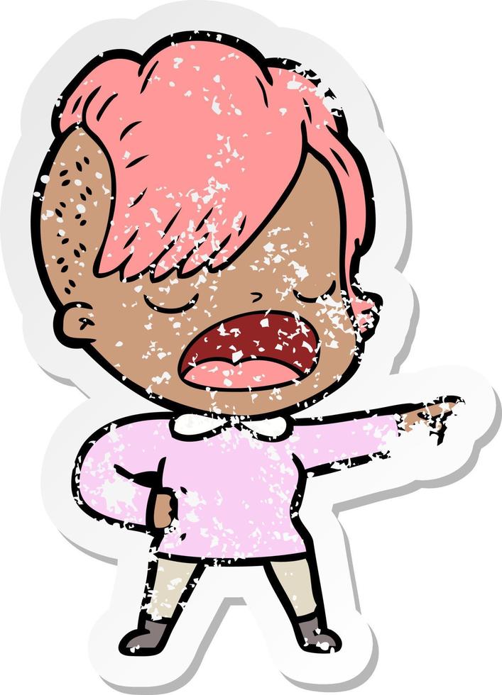 distressed sticker of a cartoon cool hipster girl talking vector