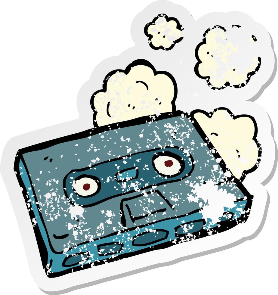 retro distressed sticker of a cartoon cassette tape vector