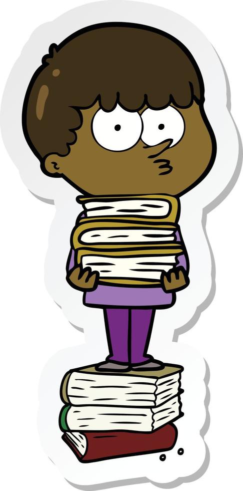 sticker of a cartoon curious boy with lots of books vector