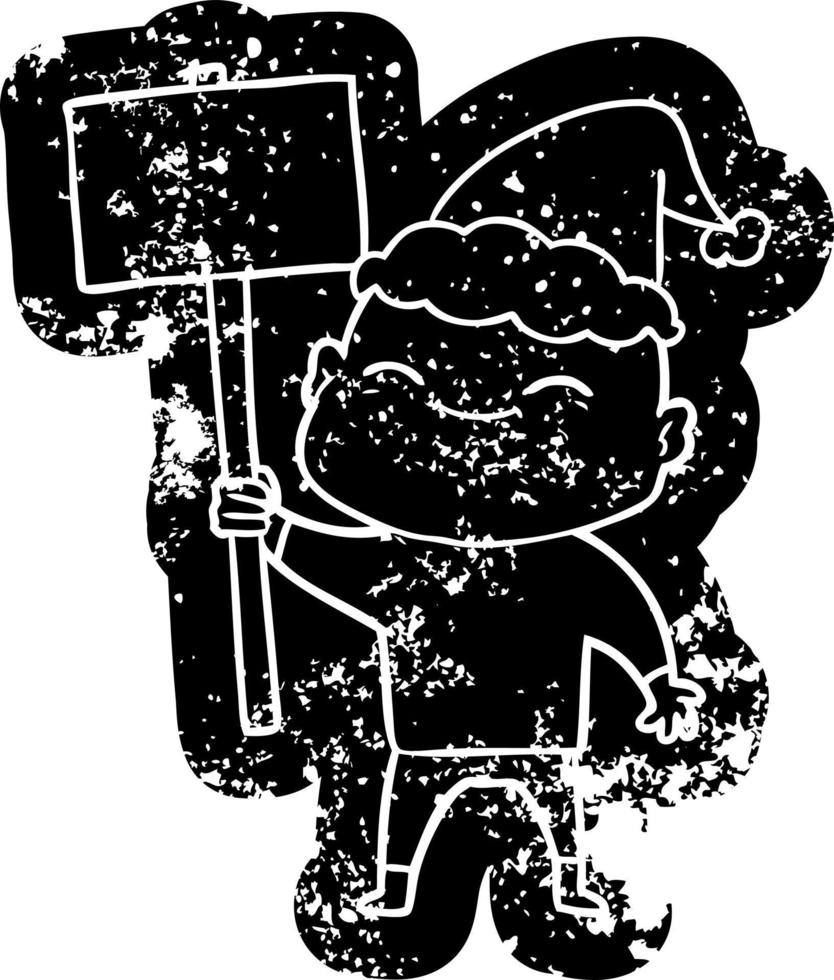 happy cartoon distressed icon of a bald man wearing santa hat vector