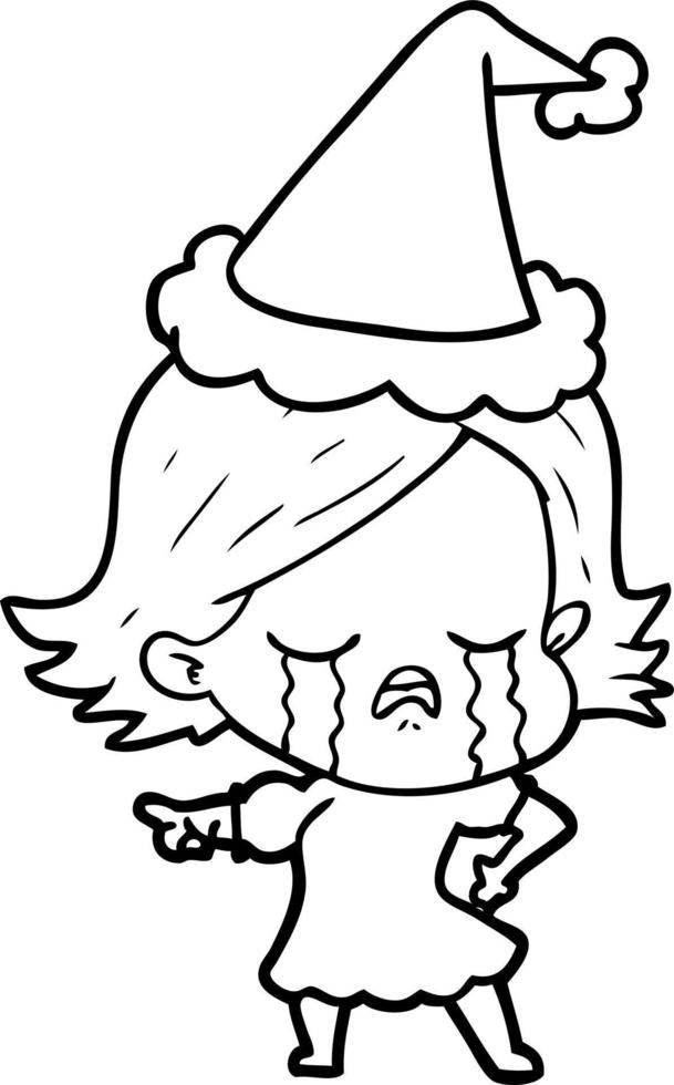 line drawing of a girl crying and pointing wearing santa hat vector